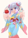  1girl :o bangs blue_eyes blue_kimono blunt_bangs blush double_bun eyebrows_visible_through_hair food hair_ornament hair_scrunchie highres holding holding_food japanese_clothes kanna_kamui kimono kobayashi-san_chi_no_maidragon long_sleeves looking_at_viewer obi open_mouth pink_scrunchie sash scrunchie shiny shiny_hair silver_hair solo waterring wide_sleeves 