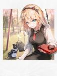  1girl 1other black_cat blonde_hair blue_eyes candy cat chocolate chocolate_bar commentary_request cosplay food g36_(girls&#039;_frontline) girls&#039;_frontline_neural_cloud girls_frontline hairband looking_at_viewer maid official_art shuzi swing_set third-party_source 