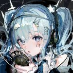  1girl 39 :o blue_eyes blue_hair cloud_hair_ornament collar croquette_crab hair_ornament hatsune_miku headphones highres long_hair looking_at_viewer microphone music number_tattoo singing solo spiked_collar spikes star_(symbol) star_hair_ornament tattoo twintails vocaloid 