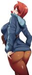  1girl arezu_(pokemon) ass blue_hoodie breasts brown_legwear closed_mouth commentary cowboy_shot cowlick diamond_clan_outfit eyebrows_visible_through_hair eyelashes from_behind hair_between_eyes highres hood hoodie large_breasts long_sleeves looking_at_viewer looking_back pantyhose pokemon pokemon_(game) pokemon_legends:_arceus red_eyes redhead short_hair simple_background skin_tight smile solo thick_thighs thighs white_background yuuyuu_(yuuki1771) 