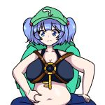  bag belly blue_eyes blue_hair breasts hair_ornament hat kawashiro_nitori large_breasts pixelbarrubo105 squeezing tank_top touhou 