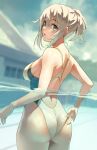  1girl :o adjusting_buruma adjusting_clothes adjusting_swimsuit ass bare_shoulders blue_eyes breasts buruma butt_crack clothes_pull competition_swimsuit cowboy_shot day eyebrows_visible_through_hair from_behind grey_hair highleg highleg_swimsuit highres kekemotsu looking_at_viewer looking_back medium_breasts medium_hair nape one-piece_swimsuit original partially_submerged partially_underwater_shot ponytail pool short_ponytail sideboob sidelocks solo swimsuit swimsuit_pull thighs underwater wet white_swimsuit 