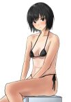  1girl amagami bikini black_bikini black_eyes black_hair bob_cut commentary_request cowboy_shot highres looking_at_viewer nanasaki_ai short_hair side-tie_bikini simple_background sitting solo swimsuit white_background ykh1028 