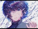  1girl black_hair black_shirt blue_eyes blurry blurry_foreground commentary_request hand_up jewelry letterboxed looking_at_viewer necklace original parted_lips portrait shirt short_hair simple_background solo tsukiiro turtleneck water white_background 