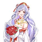  1girl :d alternate_eye_color animal_ears arknights bare_shoulders bear_ears bouquet collar detached_collar dress dumenggu ear_ribbon eyebrows_visible_through_hair flower grey_hair highres holding holding_bouquet lipstick long_hair looking_at_viewer makeup off-shoulder_dress off_shoulder open_mouth red_eyes red_flower red_headwear red_ribbon ribbon rosa_(arknights) rosa_(masterpiece)_(arknights) simple_background smile solo upper_body very_long_hair white_background white_collar white_dress 