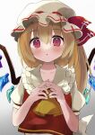  1girl ascot blonde_hair blush bow crystal eyebrows_visible_through_hair flandre_scarlet frilled_shirt_collar frills gradient gradient_background hair_between_eyes hands_up hat hat_bow highres looking_at_viewer mob_cap one_side_up parted_lips red_bow red_vest short_hair_with_long_locks simple_background solo steepled_fingers touhou upper_body vest violet_eyes wakamizu white_background white_headwear wings yellow_ascot 