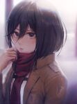  1girl blurry blurry_background brown_eyes brown_hair brown_jacket commentary hand_up highres jacket light_particles long_sleeves mikasa_ackerman parted_lips red_scarf scarf shingeki_no_kyojin short_hair solo tsukiiro upper_body 