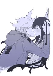  1boy 1girl bandaged_arm bandages bangs collared_shirt commentary_request cropped_torso danganronpa_(series) danganronpa_2:_goodbye_despair dosugon from_side grey_background hetero hood hood_down jacket kiss komaeda_nagito long_hair long_sleeves medium_hair messy_hair mole mole_under_eye shirt simple_background tsumiki_mikan 