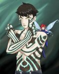  1boy 1girl black_hair ememtrp fairy fairy_wings floating full-body_tattoo green_background highres hitoshura pixie_(megami_tensei) red_eyes redhead shin_megami_tensei shin_megami_tensei_iii:_nocturne shin_megami_tensei_v short_hair tattoo thigh-highs topless_male wings yellow_eyes 