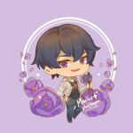  1boy :d bangs black_shirt blue_pants bouquet character_name chibi cwilocky earrings flower holding holding_bouquet jacket jewelry long_sleeves looking_at_viewer male_focus marius_von_hagen_(tears_of_themis) open_mouth pants purple_background purple_flower purple_hair shirt short_hair simple_background smile solo tears_of_themis violet_eyes white_jacket 