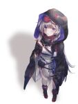  1girl arknights bead_bracelet beads black_cape black_cloak black_gloves bracelet bracelet_removed cape cloak commentary_request feather_hair fingerless_gloves gloves goggles goggles_on_head grey_hair highres holding hood hood_up hooded_cloak jewelry long_hair looking_at_viewer mulberry_(arknights) pouch purple_cloak sctm_o0 shadow solo two-tone_cloak violet_eyes 