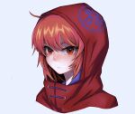  adapted_costume bangs blush closed_mouth commentary_request dullahan face highres looking_at_viewer red_eyes red_hood redhead sekibanki short_hair simple_background touhou white_background yonoisan 