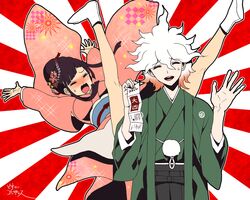  1boy 1girl :d alternate_costume arms_up bangs blush brown_hair closed_eyes cowboy_shot danganronpa_(series) danganronpa_2:_goodbye_despair dosugon flower hair_flower hair_ornament hands_up holding japanese_clothes kimono komaeda_nagito legs_up long_sleeves mole mole_under_eye multicolored_hair obi pink_flower pink_kimono red_background sash smile teeth translation_request tsumiki_mikan two-tone_hair upper_teeth white_background white_hair 