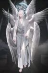  1boy angel angel_wings barefoot chair chinese_commentary commentary_request fog grey_eyes highres infinity long_hair lord_of_the_mysteries multiple_wings official_art ouroboros_(lord_of_the_mysteries) pillar robe silver_hair symbol symbolism table translation_request white_robe wings 