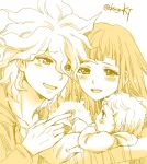  1boy 1girl :d artist_name baby bandaged_arm bandages bangs blush collarbone commentary_request danganronpa_(series) danganronpa_2:_goodbye_despair dosugon eyebrows_visible_through_hair holding_finger if_they_mated jacket komaeda_nagito long_hair long_sleeves messy_hair monochrome shirt smile tearing_up teeth tsumiki_mikan upper_teeth 