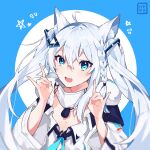  1girl :d alternate_hairstyle animal_ear_fluff animal_ears bangs blue_eyes braid double_fox_shadow_puppet fox_ears fox_shadow_puppet fur_trim hair_between_eyes hair_ornament hands_up hayate_fish highres hololive jacket long_hair long_sleeves looking_at_viewer shirakami_fubuki simple_background smile solo twintails upper_body virtual_youtuber white_hair white_jacket 