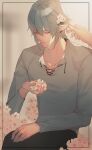  1boy alternate_costume casual cherry_blossoms closed_mouth collarbone copyright_name drawstring earrings elezen elf eyebrows_visible_through_hair facing_down final_fantasy final_fantasy_xiv flower garam_(rkfka) grey_hair hair_between_eyes hair_flower hair_ornament haurchefant_greystone holding holding_flower jewelry korean_commentary male_focus pointy_ears short_hair sitting smile solo 