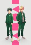  2boys absurdres bakugou_katsuki bangs blonde_hair boku_no_hero_academia freckles green_eyes green_hair green_jacket highres jacket looking_at_viewer male_focus midoriya_izuku multiple_boys pants red_eyes shirt shoes short_hair spiky_hair squid_game volpeart 