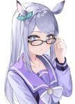  1girl :o adjusting_eyewear animal_ears aroa_(aroamoyasi) bangs bespectacled blush bow bowtie bright_pupils ear_bow glasses green_bow hand_up horse_ears light_blush long_hair long_sleeves looking_at_viewer mejiro_mcqueen_(umamusume) parted_lips purple_hair purple_shirt sailor_collar school_uniform shirt simple_background solo tracen_school_uniform umamusume upper_body violet_eyes white_background white_bow white_bowtie white_pupils 