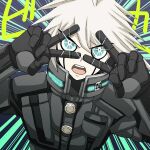  1boy ahoge android bangs black_gloves blue_background danganronpa_(series) danganronpa_v3:_killing_harmony dosugon gloves grey_hair keebo looking_at_viewer male_focus power_armor solo sparkle spiky_hair translation_request upper_body white_background 