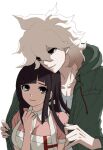  1boy 1girl apron bangs black_eyes black_hair breasts collarbone danganronpa_(series) danganronpa_2:_goodbye_despair dosugon green_eyes green_jacket grey_hair hand_up hood hood_down hooded_jacket jacket komaeda_nagito large_breasts long_hair messy_hair mole mole_under_eye pink_shirt print_shirt shirt smile tsumiki_mikan white_shirt 