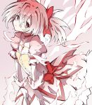  1girl absurdres bangs bow bubble_skirt dress energy frilled_dress frills gloves hair_ribbon highres kaname_madoka kekel looking_at_viewer magical_girl mahou_shoujo_madoka_magica pink_background pink_dress pink_eyes pink_hair puffy_sleeves red_bow ribbon short_twintails skirt solo soul_gem twintails white_gloves 