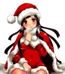  1girl bandages bangs black_hair blush covered_navel danganronpa_(series) danganronpa_2:_goodbye_despair dosugon dress fur_trim hat long_hair mole mole_under_eye panties red_dress red_headwear santa_hat shiny shiny_clothes shiny_skin sitting smile tsumiki_mikan underwear white_panties 