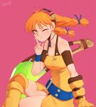  1girl aika_(eternal_arcadia) bangs belt boomerang braid breasts darahan dress earrings english_commentary eternal_arcadia flight_goggles gloves goggles jewelry long_hair medium_breasts one_eye_closed open_mouth orange_hair single_glove smile solo twin_braids twintails weapon yellow_dress 