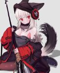  1girl absurdres animal_ears arknights beanie black_footwear black_hair black_legwear black_skirt breasts brown_hair ears_through_headwear fox_ears fox_girl fox_tail frostleaf_(arknights) grey_background hat headphones highres holding holding_polearm holding_weapon jacket long_hair looking_at_viewer medium_breasts nyashiro_(sgylk) off-shoulder_shirt off_shoulder open_clothes open_jacket oripathy_lesion_(arknights) pantyhose polearm red_eyes red_jacket shadow shirt sitting skirt solo tail wariza weapon 