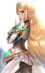  1girl blonde_hair breasts earrings eyebrows_visible_through_hair from_behind gonzarez highres jewelry long_hair looking_at_viewer medium_breasts mythra_(xenoblade) solo xenoblade_chronicles_(series) xenoblade_chronicles_2 yellow_eyes 