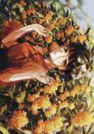 1girl blurry blurry_foreground brown_eyes brown_hair commentary day flower hands_up highres long_sleeves looking_at_viewer orange_flower orange_sweater original osmanthus outdoors parted_lips see-through_sleeves short_hair sideways solo sweater tsukiiro upper_body 