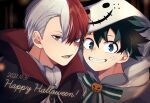  2boys bangs blue_eyes blush boku_no_hero_academia bowl burn_scar dated freckles green_eyes green_hair grey_eyes halloween halloween_costume highres looking_at_viewer male_focus midoriya_izuku multicolored_hair multiple_boys noizu_(noi_hr) open_mouth pumpkin redhead scar scar_on_face short_hair simple_background smile split-color_hair teeth todoroki_shouto two-tone_hair vampire_costume white_hair 