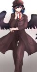  adapted_costume bird_wings black_hair black_wings brown_coat brown_headwear brown_pants buttons cabbie_hat coat collared_shirt commentary_request eyelashes feathered_wings flat_cap hat highres long_sleeves necktie pants pointy_ears red_eyes red_nails red_necktie shameimaru_aya shameimaru_aya_(newsboy) shirt short_hair souken_bicha touhou walking white_shirt wings 