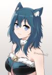  1girl alternate_costume animal_ear_fluff animal_ears bandeau bangs bare_shoulders bell blue_eyes blue_hair breasts byleth_(fire_emblem) byleth_eisner_(female) cat_ears commentary_request eyebrows_visible_through_hair fang fang_out fire_emblem fire_emblem:_three_houses fur_collar fur_trim gradient gradient_background hair_between_eyes jingle_bell kemonomimi_mode komurice large_breasts long_hair looking_at_viewer skin_fang solo strapless tube_top upper_body 