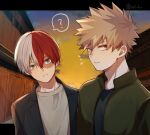  2boys ? bakugou_katsuki bangs blonde_hair blue_eyes boku_no_hero_academia burn_scar freckles green_hair grey_eyes highres looking_at_viewer male_focus multicolored_hair multiple_boys noizu_(noi_hr) open_mouth red_eyes redhead scar scar_on_face shirt short_hair smile spiky_hair split-color_hair teeth todoroki_shouto two-tone_hair white_hair 