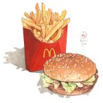  artist_logo burger commentary food food_focus french_fries highres kailene mcdonald&#039;s no_humans shadow signature simple_background white_background 
