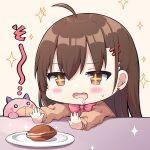  +_+ 1girl ahoge bangs blush brown_background brown_eyes brown_hair brown_sweater chibi commentary_request drooling earrings eyebrows_visible_through_hair food food_request hair_between_eyes hair_ornament hairclip jewelry long_hair long_sleeves maruma_(maruma_gic) mouth_drool open_mouth original outstretched_arms plaid puffy_long_sleeves puffy_sleeves simple_background solo sparkle stud_earrings sweat sweater upper_body wavy_mouth 