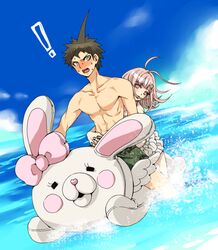  ! 1boy 1girl ahoge bangs bikini blush brown_hair collarbone danganronpa_(series) danganronpa_2:_goodbye_despair day dosugon ear_bow hair_ornament hinata_hajime hug hug_from_behind layered_bikini looking_at_viewer male_swimwear medium_hair nanami_chiaki outdoors shiny shiny_hair short_hair smile sweat swimsuit topless_male usami_(danganronpa) water 