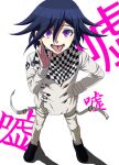  1boy bangs black_footwear black_hair buttons checkered_clothes checkered_scarf danganronpa_(series) danganronpa_v3:_killing_harmony dosugon double-breasted eyebrows_visible_through_hair hair_between_eyes hand_on_hip hand_up jacket long_sleeves looking_at_viewer male_focus ouma_kokichi pants purple_hair scarf short_hair smile teeth tongue tongue_out translation_request violet_eyes white_jacket white_pants 