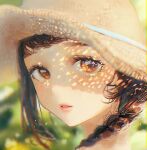  1girl blurry blurry_background braid brown_eyes brown_hair brown_headwear face hat highres light_particles lips long_hair looking_at_viewer original parted_lips portrait single_braid solo sun_hat tsukiiro 