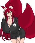  absurdres animal_ear_fluff animal_ears breasts deculture fox_ears fox_girl fox_tail glasses green_eyes highres huge_breasts leaning_forward non-web_source office_lady redhead tail 