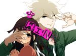  1boy 1girl :o bangs black_eyes black_hair collarbone commentary_request crown danganronpa_(series) danganronpa_2:_goodbye_despair dosugon english_text from_side green_jacket grey_background hand_on_another&#039;s_face jacket komaeda_nagito long_hair long_sleeves looking_at_viewer mole mole_under_eye one_eye_closed open_clothes open_jacket pink_shirt shirt simple_background tsumiki_mikan white_hair white_shirt 