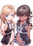  2girls :3 ahoge al_(karochii) arms_behind_back babydoll bare_shoulders black_babydoll black_hair black_panties blonde_hair blue_eyes blush bow bowtie breasts cowboy_shot dark-skinned_female dark_skin elle_(karochii) frilled_babydoll frilled_panties frills highres karochii lingerie long_hair looking_at_viewer mole mole_under_eye multicolored_hair multiple_girls navel orange_eyes original panties pointy_ears simple_background small_breasts streaked_hair two-tone_hair two-tone_panties underwear white_background white_bow white_hair 