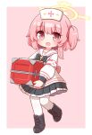  1girl :d black_bow black_bowtie black_footwear blue_archive boots border bow bowtie box dress full_body halo hat highres holding holding_box long_sleeves looking_at_viewer naga_u nurse nurse_cap open_mouth pink_background pink_eyes pink_hair sailor_collar serina_(blue_archive) short_hair side_ponytail simple_background smile solo thigh-highs white_border white_dress white_legwear 