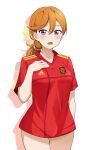  1girl :o bangs barkhorn0331 blush bottomless breasts collarbone commentary eyebrows_visible_through_hair highres looking_at_viewer love_live! love_live!_superstar!! low_ponytail medium_breasts medium_hair open_mouth orange_hair scrunchie shibuya_kanon simple_background soccer_uniform solo spain spanish_flag sportswear violet_eyes 