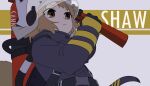  1girl arknights axe belt brown_eyes brown_hair commentary cowboy_shot daimondai4 english_text firefighter firefighter_jacket from_below helmet oxygen_tank shaw_(arknights) simple_background solo squirrel_girl squirrel_tail tail 