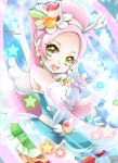 1girl :d artist_name bare_shoulders commentary_request cure_parfait dress earrings eyelashes gradient gradient_background green_eyes hair_ornament jewelry kirahoshi_ciel kirakira_precure_a_la_mode long_hair looking_at_viewer magical_girl open_mouth pink_hair precure room603 smile solo standing wand 