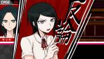  1boy 1girl ahoge aoki_shizumi bangs black_hair closed_mouth danganronpa/zero danganronpa:_trigger_happy_havoc danganronpa_(series) freckles grey_eyes hand_up ikusaba_mukuro index_finger_raised looking_at_viewer matsuda_yasuke neck_ribbon portrait red_ribbon ribbon short_hair translation_request upper_body 