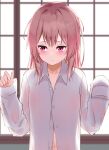  1girl absurdres bangs blurry blurry_background blush brown_hair closed_mouth collarbone collared_shirt commentary_request depth_of_field dress_shirt eyebrows_visible_through_hair hands_up highres indoors inui_sajuna kara_(color1087) long_hair long_sleeves looking_away looking_to_the_side navel pink_hair shirt sleeves_past_fingers sleeves_past_wrists solo sono_bisque_doll_wa_koi_wo_suru upper_body violet_eyes white_shirt 
