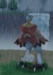  absurdres beak bird brown_eyes cliff closed_eyes closed_mouth commentary_request glowing glowing_eyes grass highres hisuian_decidueye looking_down no_humans outdoors owl pideco pokemon pokemon_(creature) rain rowlet standing tree water waterfall 